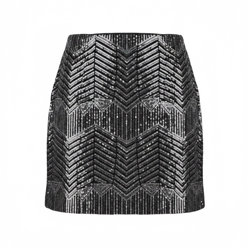 Express Black and Silver Sequin Chevron Mini Skirt